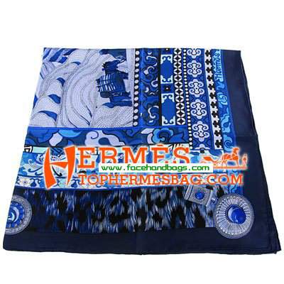 Hermes 100% Silk Square Scarf Blue Puff HESISS 130 x 130 - Click Image to Close